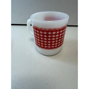 Vintage Midcentury MCM Fire King Red White Gingham Milk Glass Coffee Mug EUC